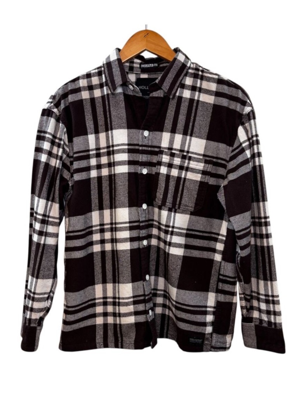 Hollister Oversized Fit Flannel Shirt XS Extra Small Brown White Plaid Button Up